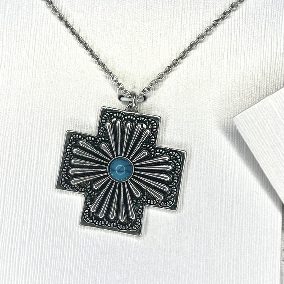 Jessica Simpson Faux Turquoise Stone Cross Necklace and Earrings Set - Picture 3 of 9